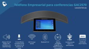 gac2570 teléfono audioconferencias ip android 10, 12 líneas sip con 12 cuentas, pantalla táctil 8", puertos gigabit, wi fi, bluetooth, poe, codec opus, ipv4/ipv6 con gestión en la nube gdms